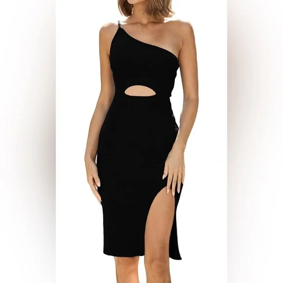 NWT One Shoulder Ribbed Knit Cutout Side Slit Dress Size Medium - Picture 1 of 5